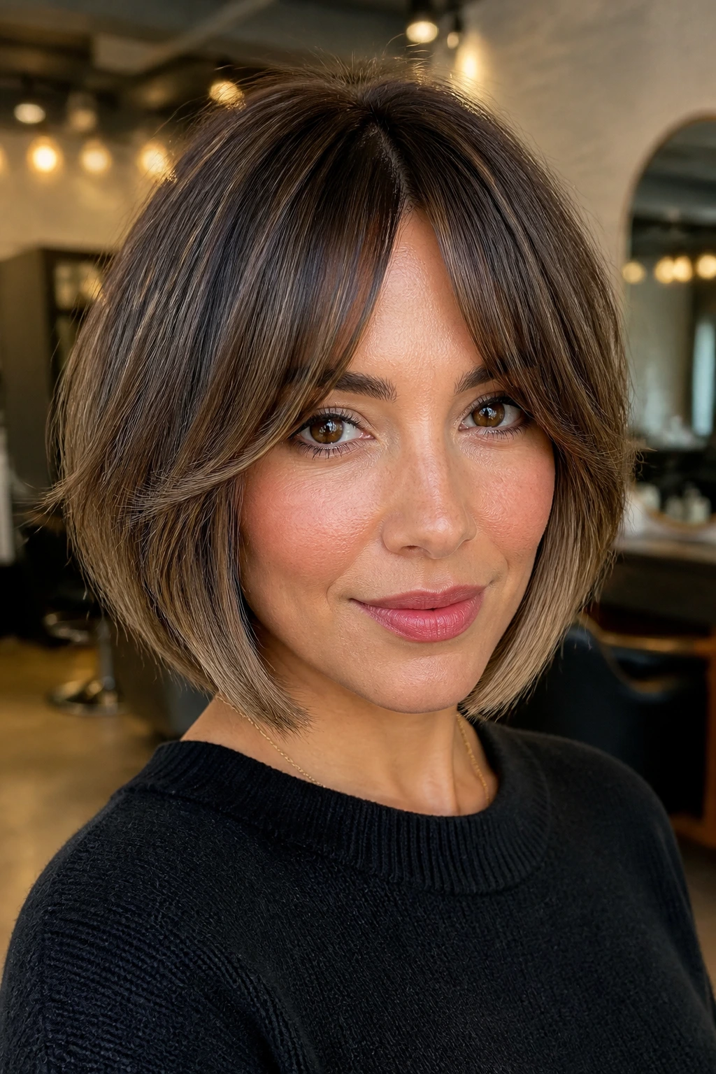 Portrait of a real woman with bottleneck bangs and layered bob in a chic salon