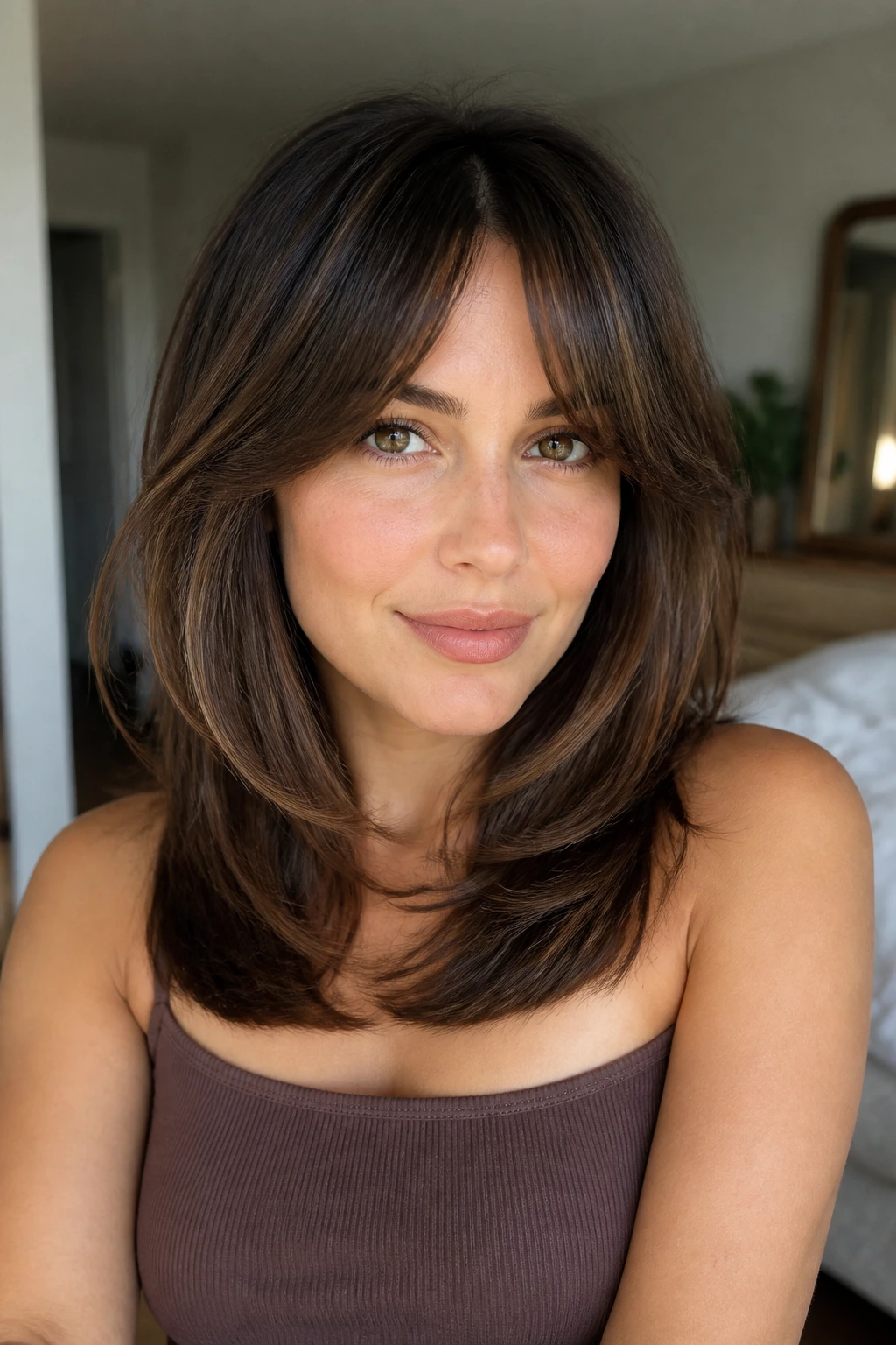 Close-up portrait of a woman with bottleneck bangs and shoulder-length layered hair