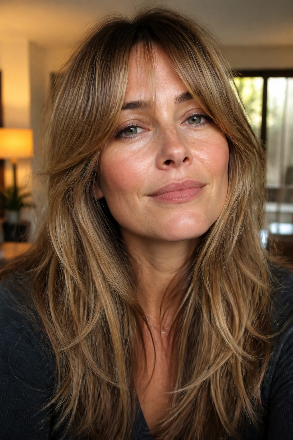 Real woman with bottleneck bangs blending into layered length