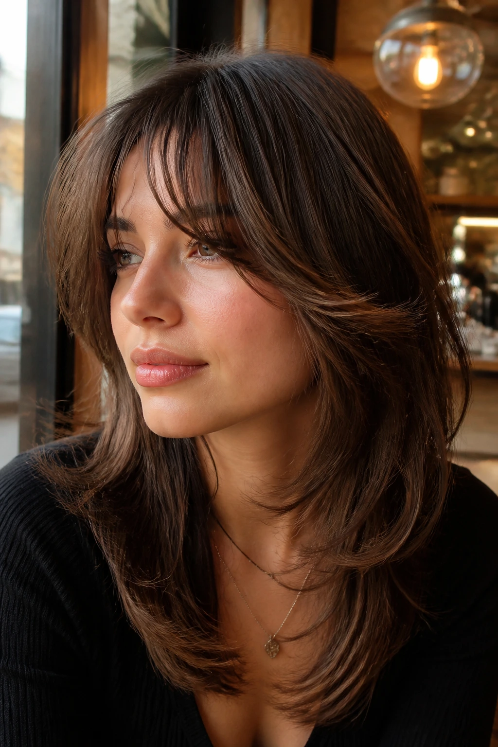 Portrait of real person with bottleneck bangs blended into layered hair in cafe window light