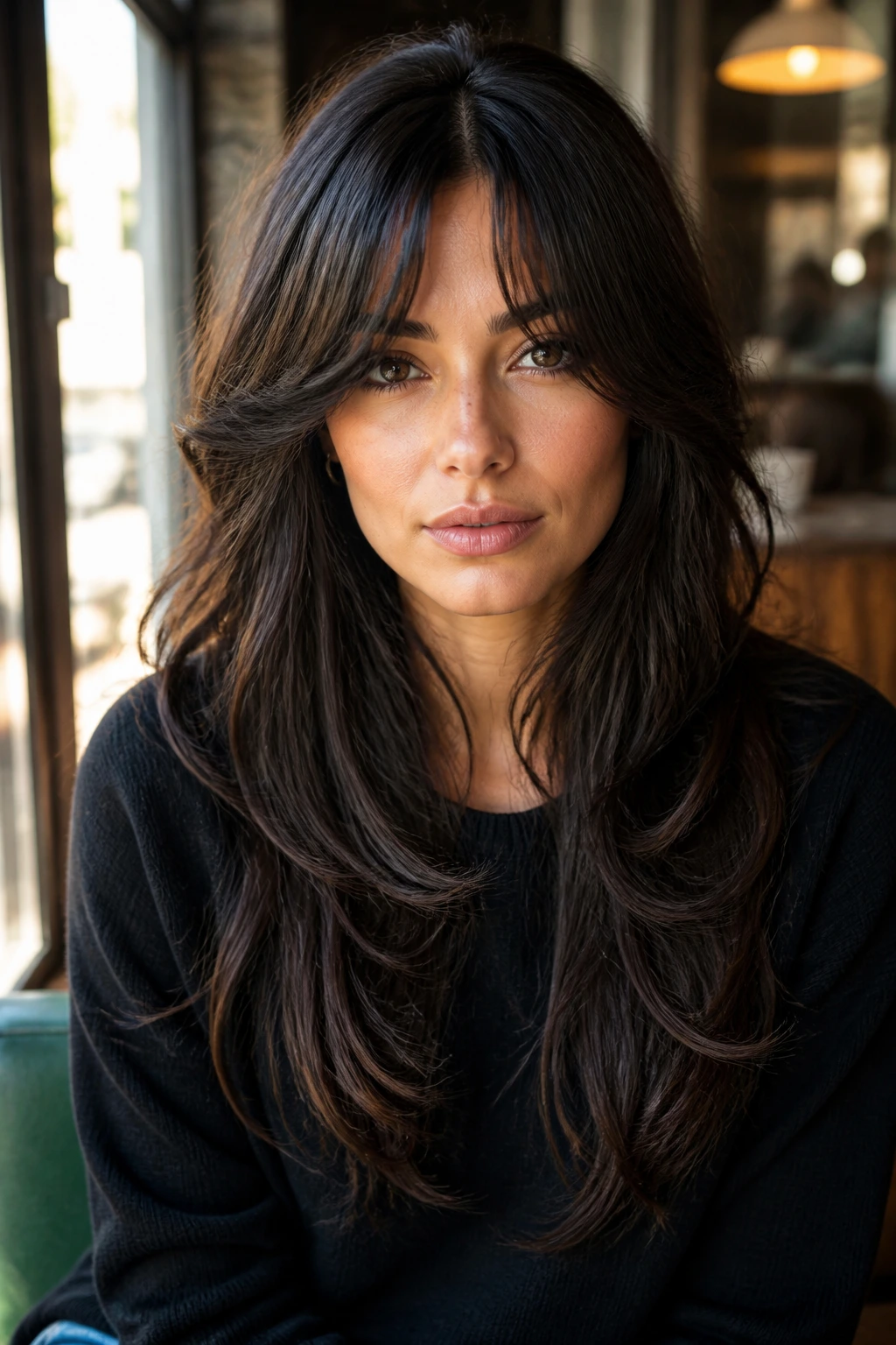 Face-framing bottleneck bangs with cascading long layers on thick dark hair.