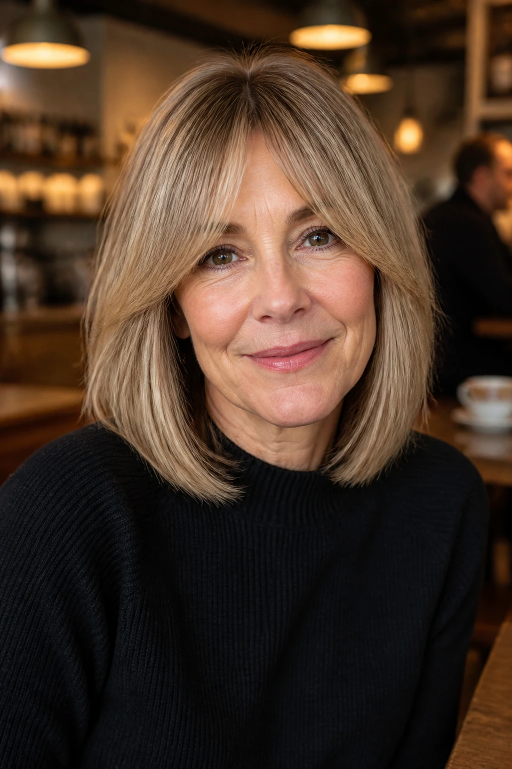 Portrait of a real woman with bottleneck bangs framing her eyes.