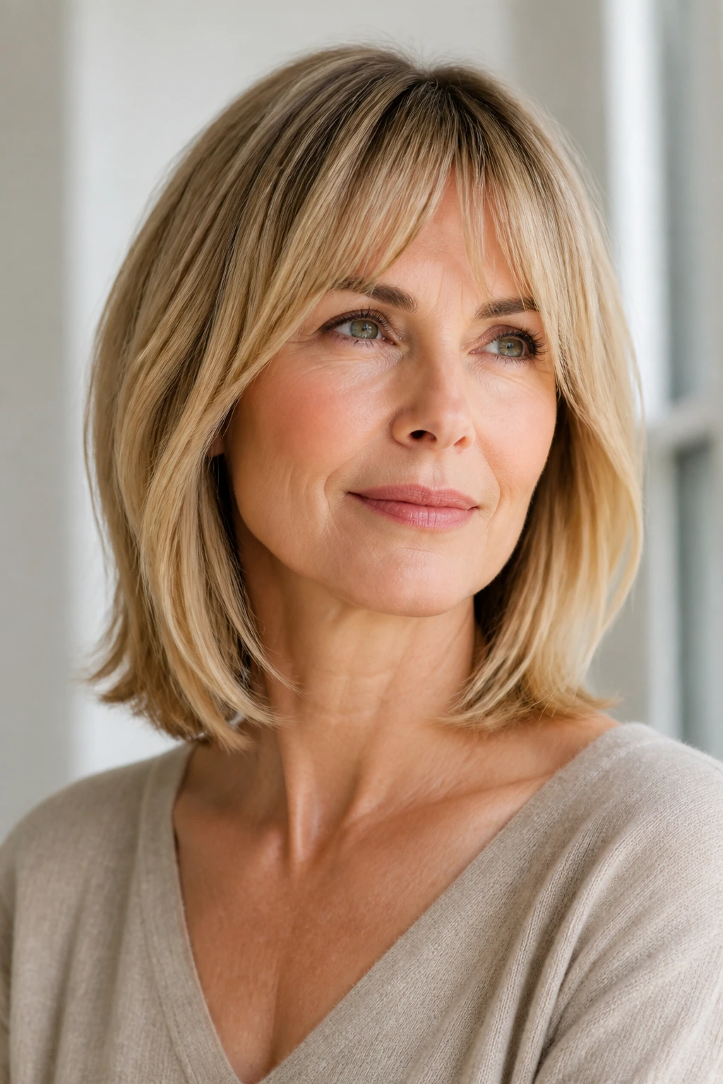 Close-up of a woman with bottleneck bangs and shoulder-length lob, soft eye focus