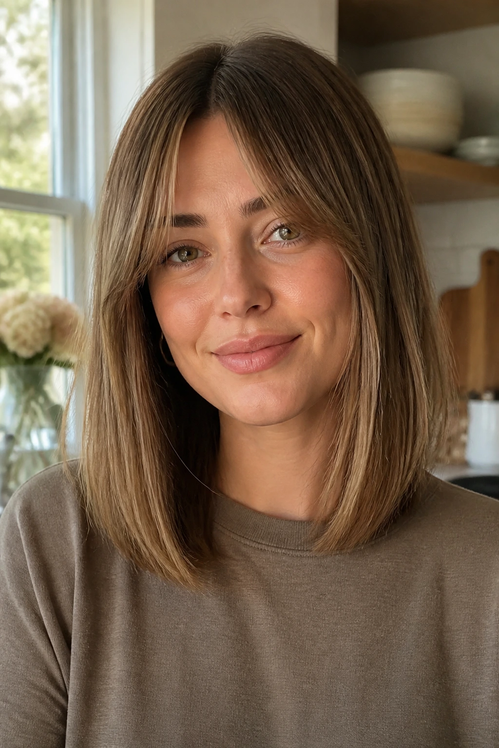 Portrait of a real person with bottleneck bangs and a narrow center opening