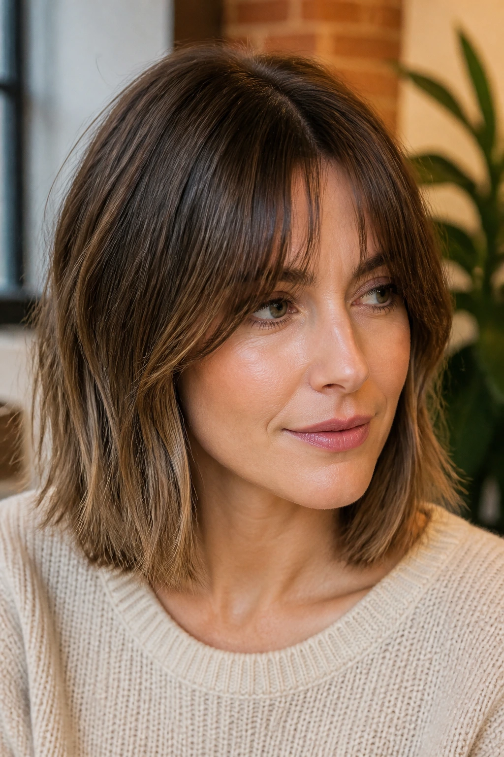 Close-up portrait of a real person with Bottleneck-Bang Lob and narrow center bangs
