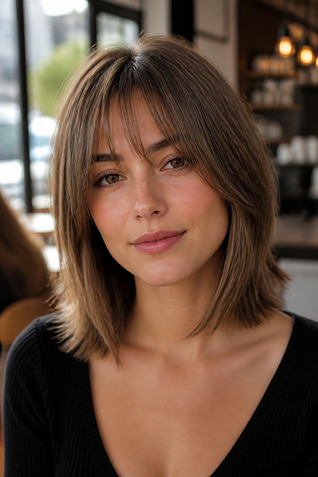 Portrait of a woman with bottleneck bangs and a chic lob