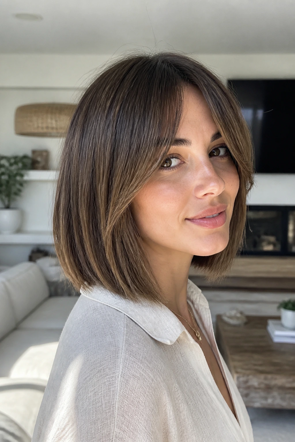 Close-up of a real woman with bottleneck bangs blending into a blunt lob