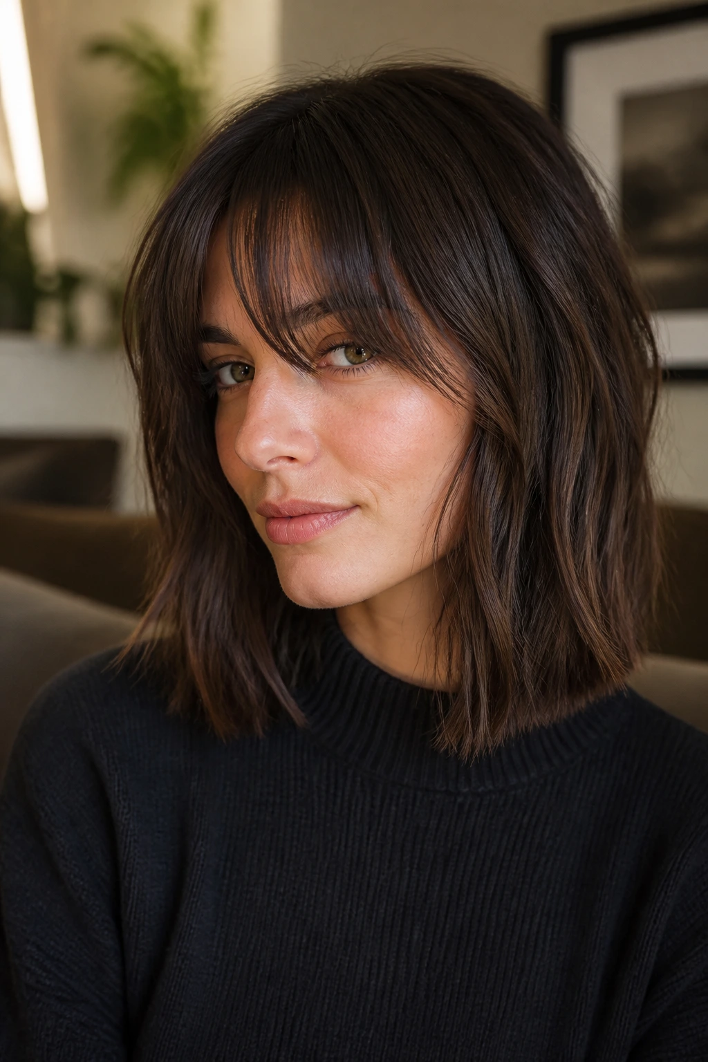 Real woman with bottleneck bangs framing eyes and lob-length hair.