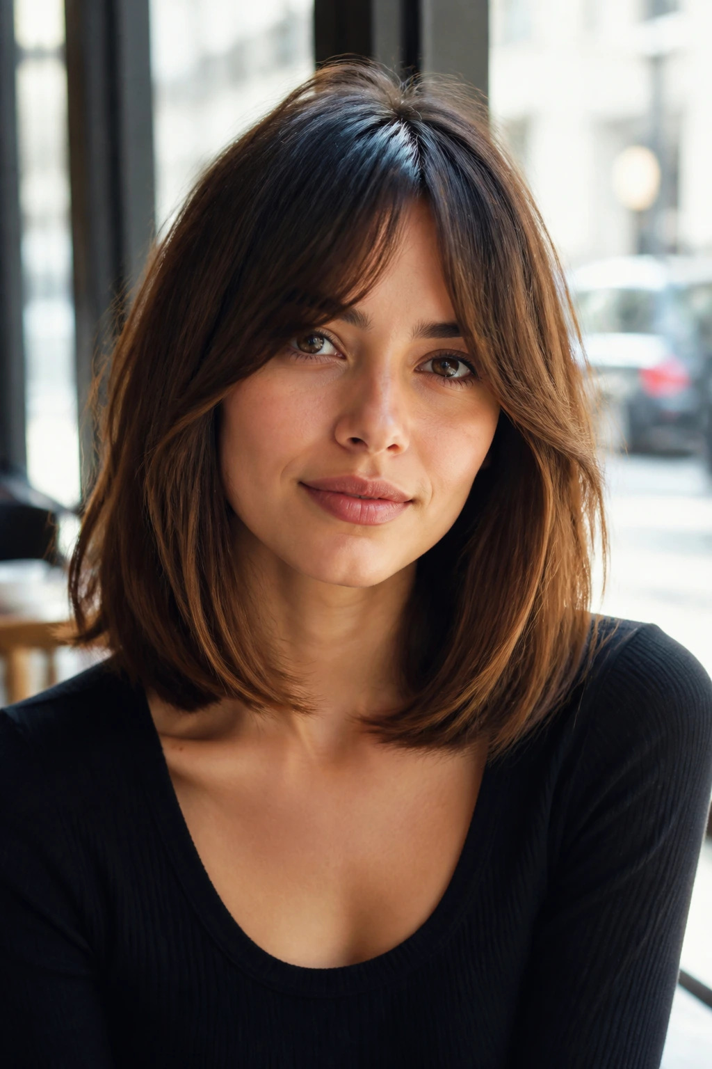 Close-up of bottleneck bangs with a lob on a real person in a cafe setting