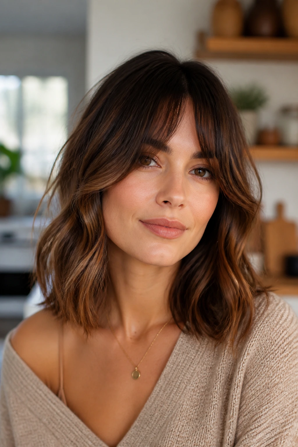 Portrait of woman with bottleneck bangs on shoulder-length lob