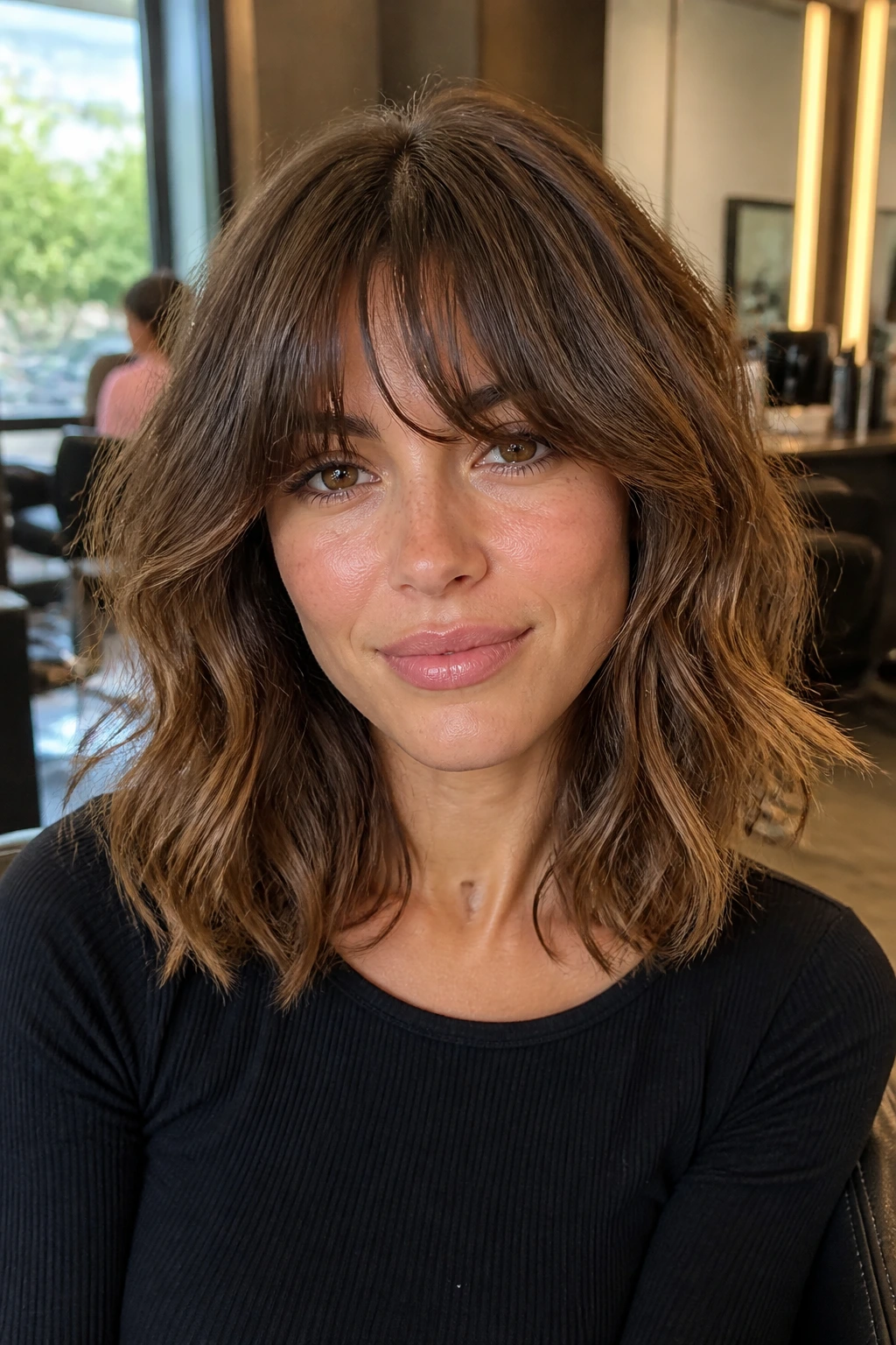 Close-up portrait of a real woman with bottleneck bangs on a thick wavy lob, natural window light