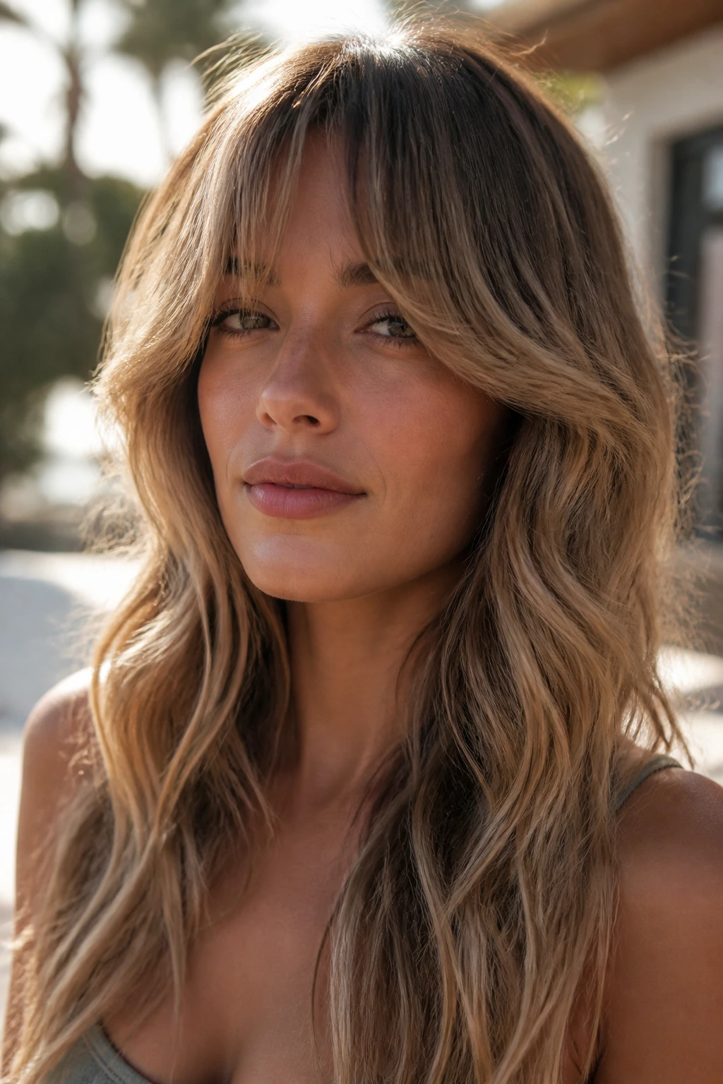 Portrait of a real woman with bottleneck bangs on long beach waves