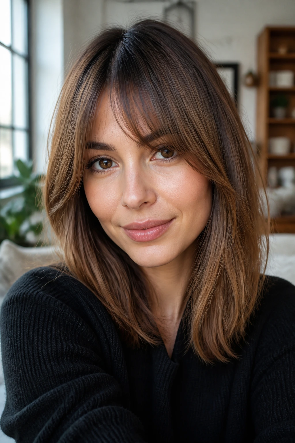 Real woman with bottleneck bangs blended into long bob