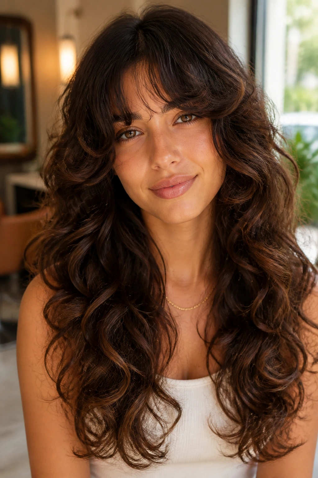 Close-up of a real person with bottleneck bangs and long waterfall curls framing the face.