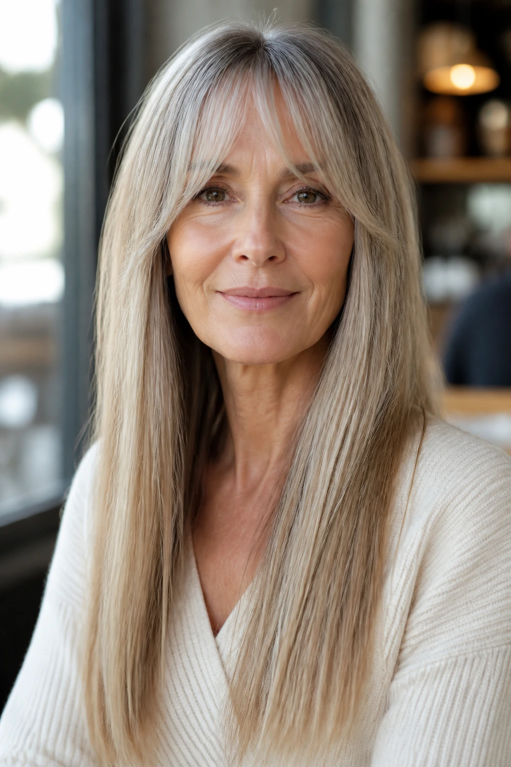 Real woman with bottleneck bangs and long hair framing face, natural light