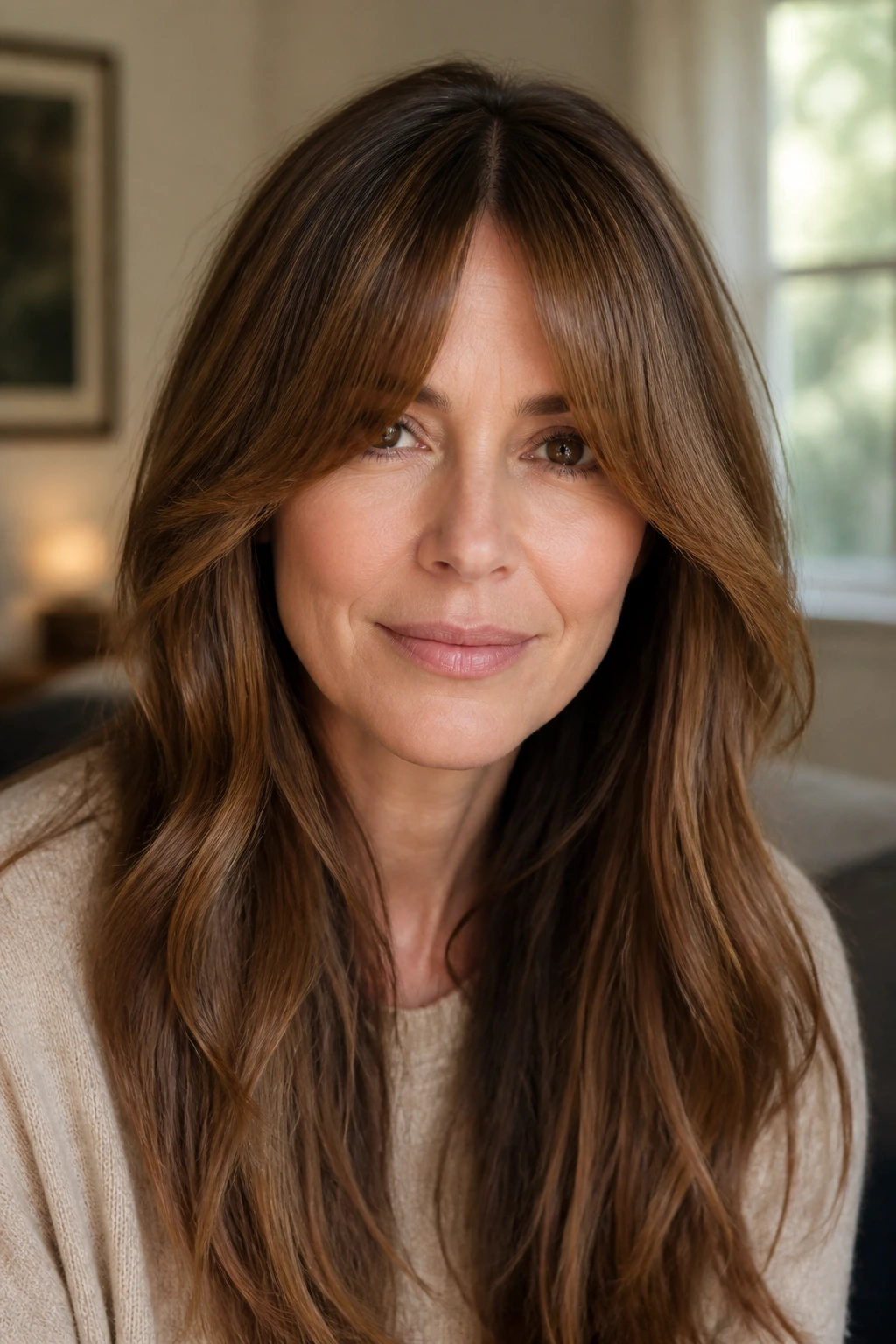 Portrait of a woman with bottleneck bangs and long hair