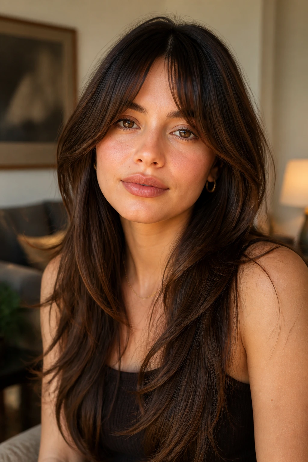 Close-up of a woman with bottleneck bangs and long layered hair under warm light
