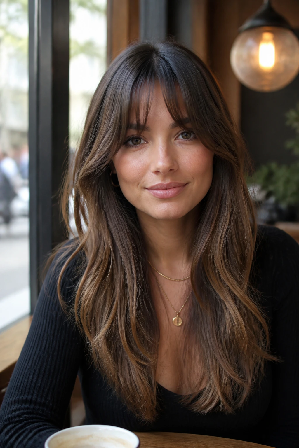 Close-up portrait of a real woman with bottleneck bangs and long hair
