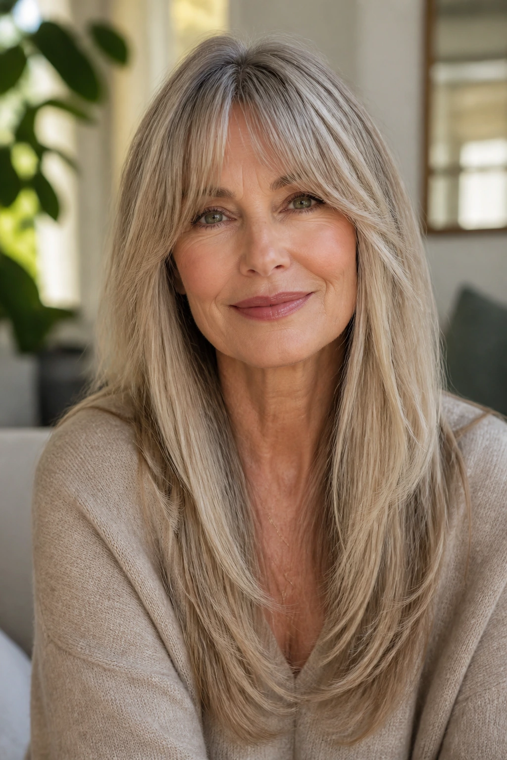 Close-up portrait of an older woman with bottleneck bangs and long hair in a sunlit living room.