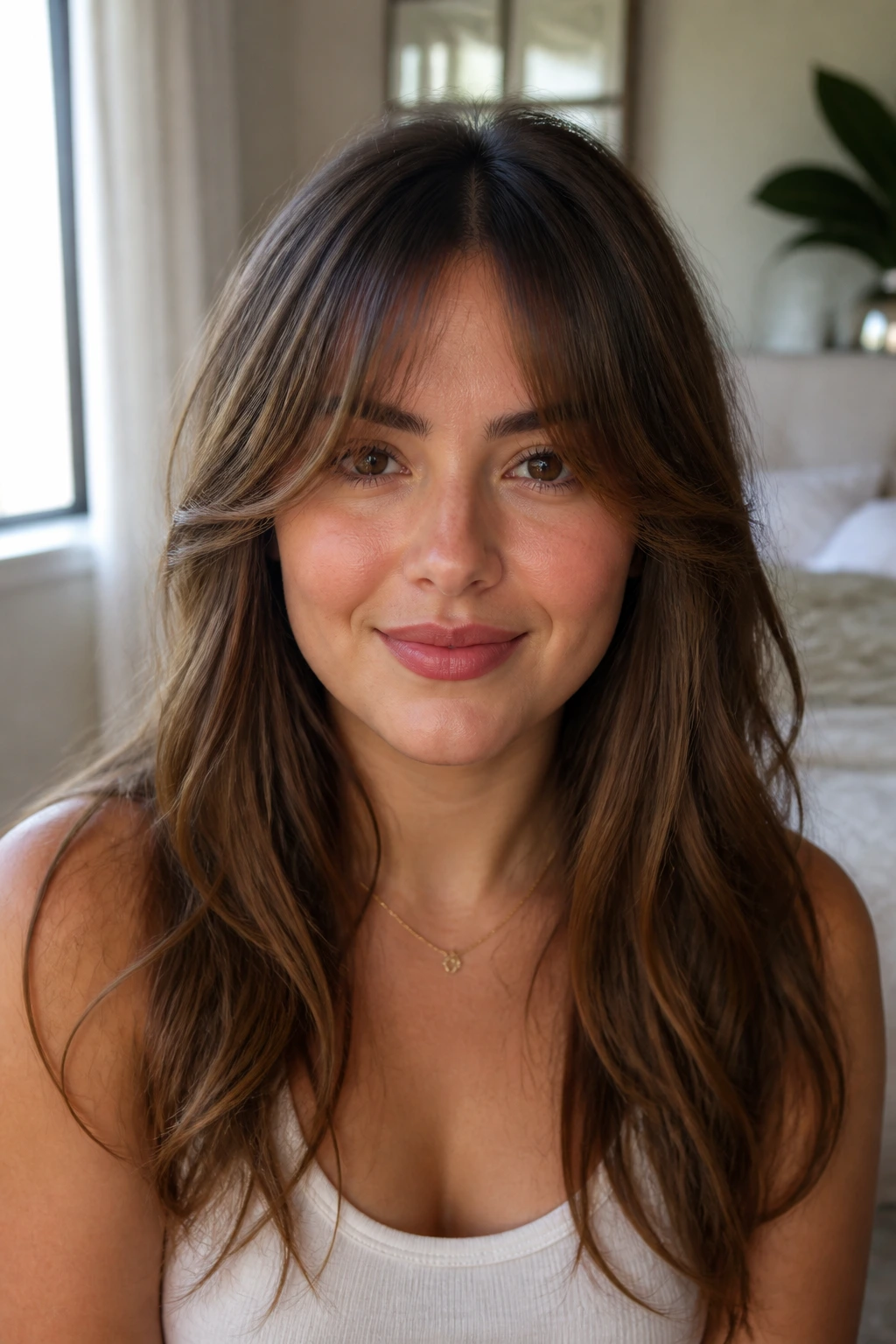 Close-up portrait of a real woman with bottleneck bangs showing center opening and side taper on a round face.