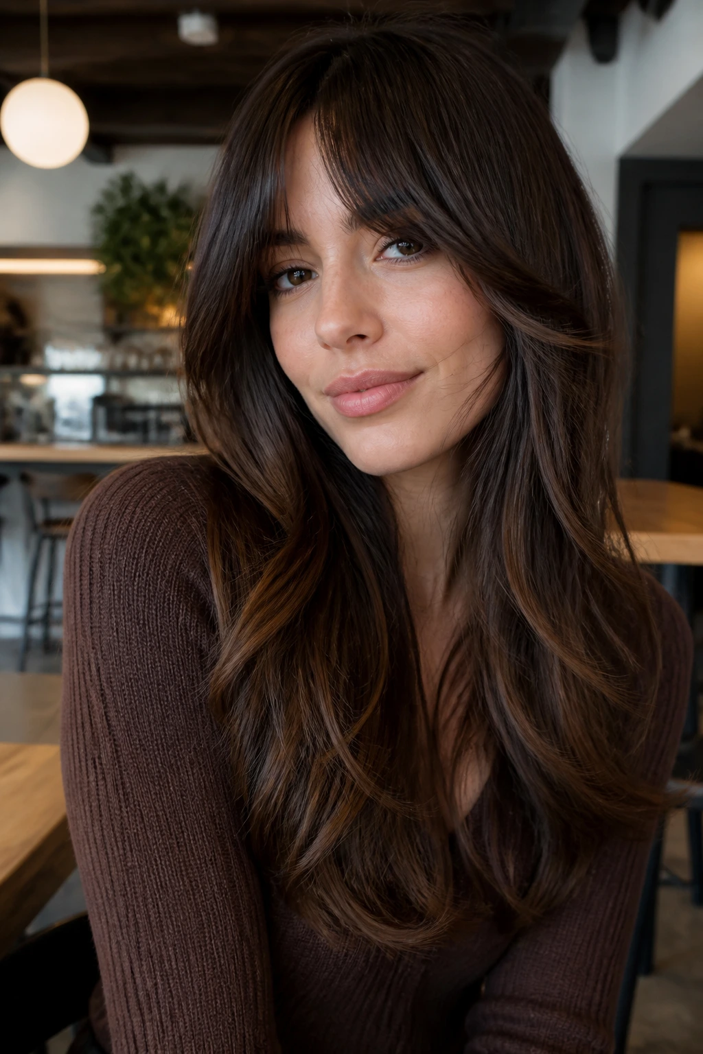 Real woman with long layers and bottleneck bangs framing the face.
