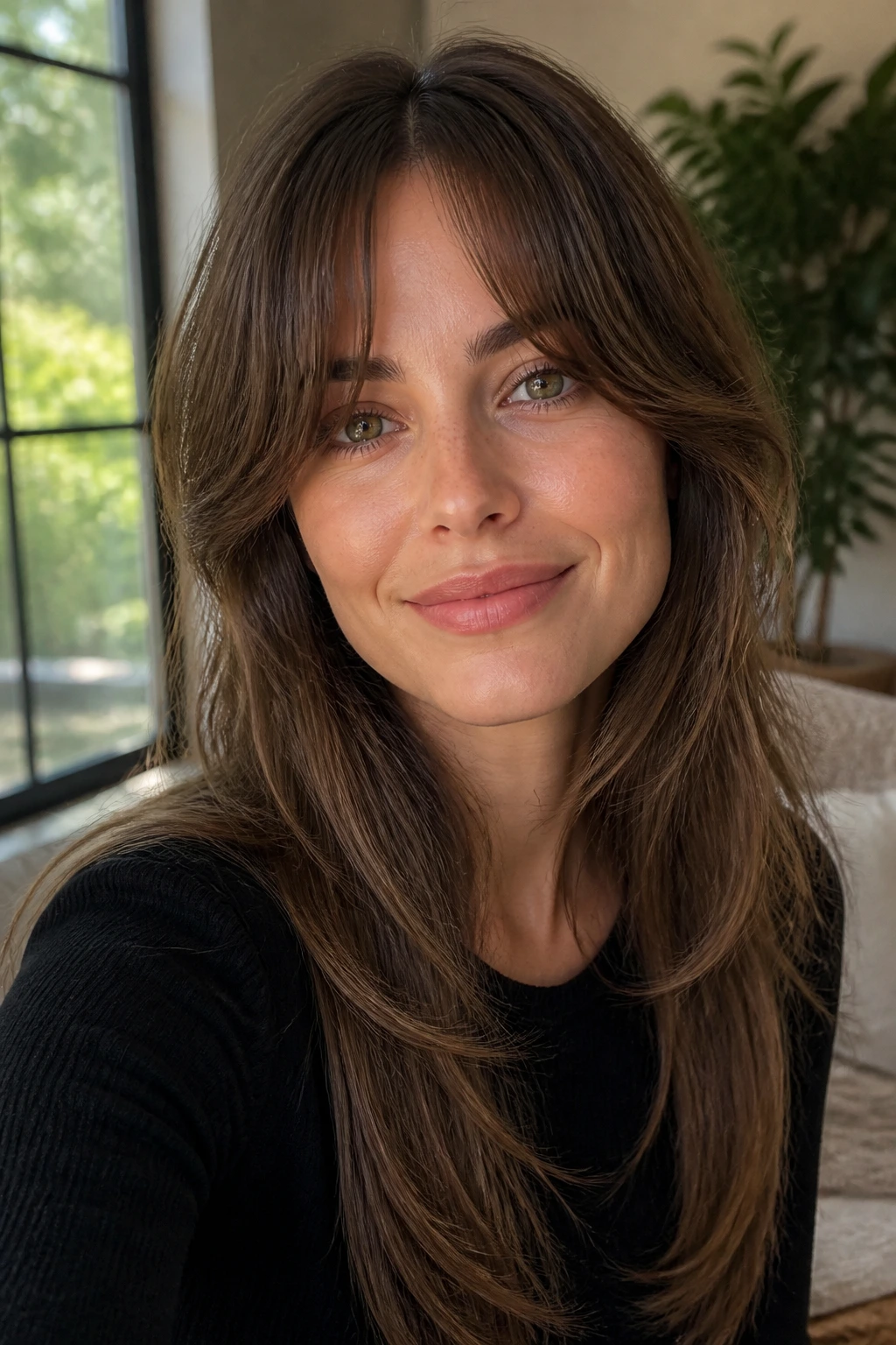 Close-up of a real person with bottleneck bangs and long layers in natural window light