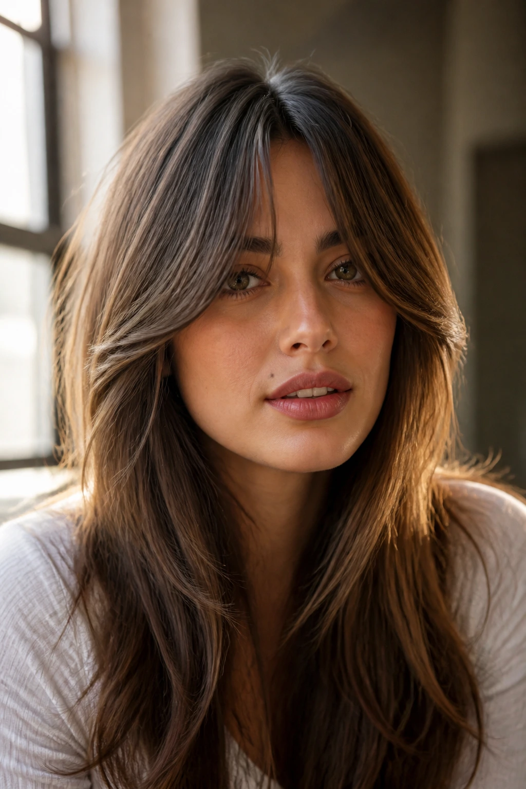 Close-up portrait of a real woman with bottleneck bangs and long layers.