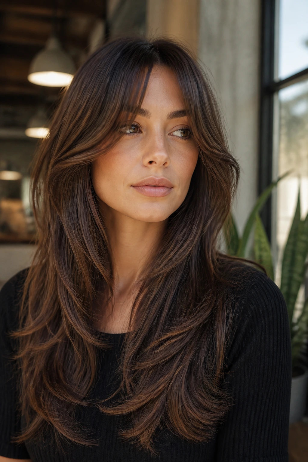 Close-up portrait of a real person with bottleneck bangs and long medium layers