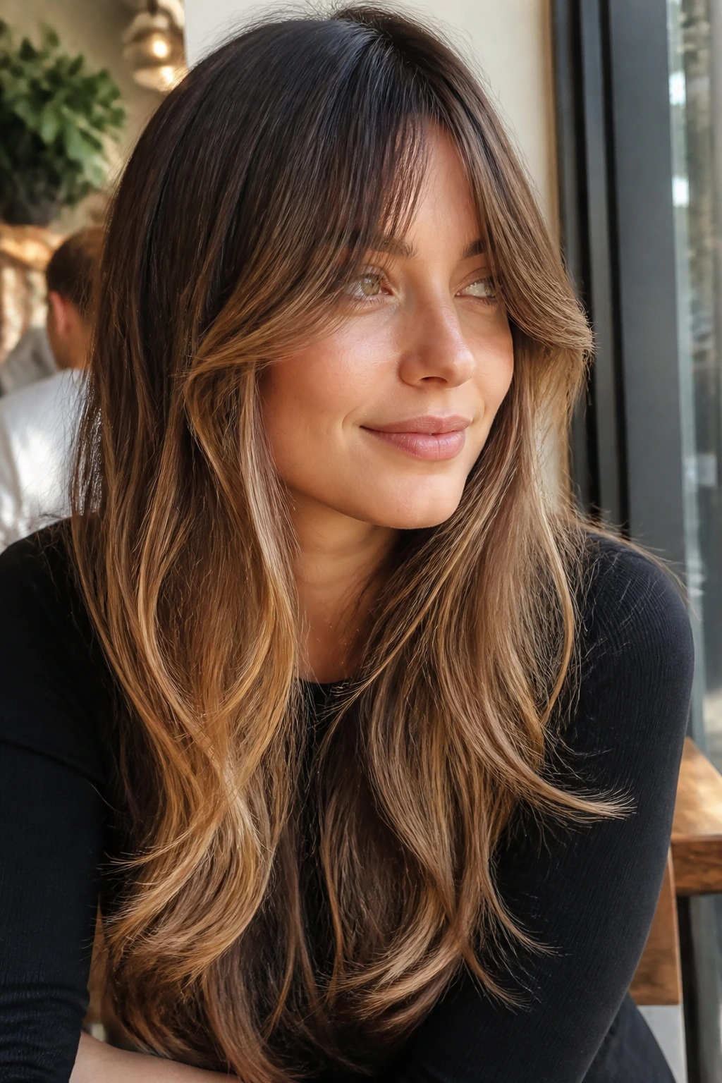 Close-up portrait of a real person with bottleneck bangs and long layers, warm balayage catching daylight
