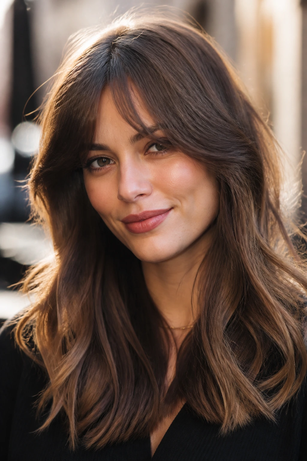 Portrait of a woman with bottleneck bangs and loose waves