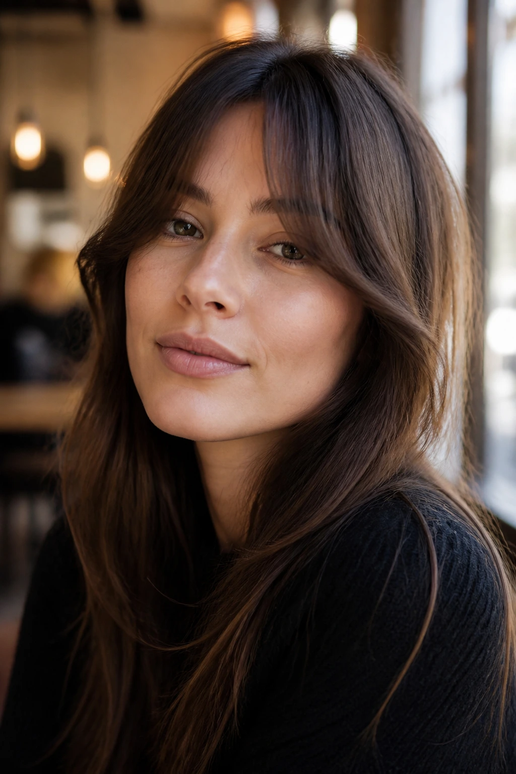 Close-up portrait of a real woman with lower-start bottleneck bangs in cafe light