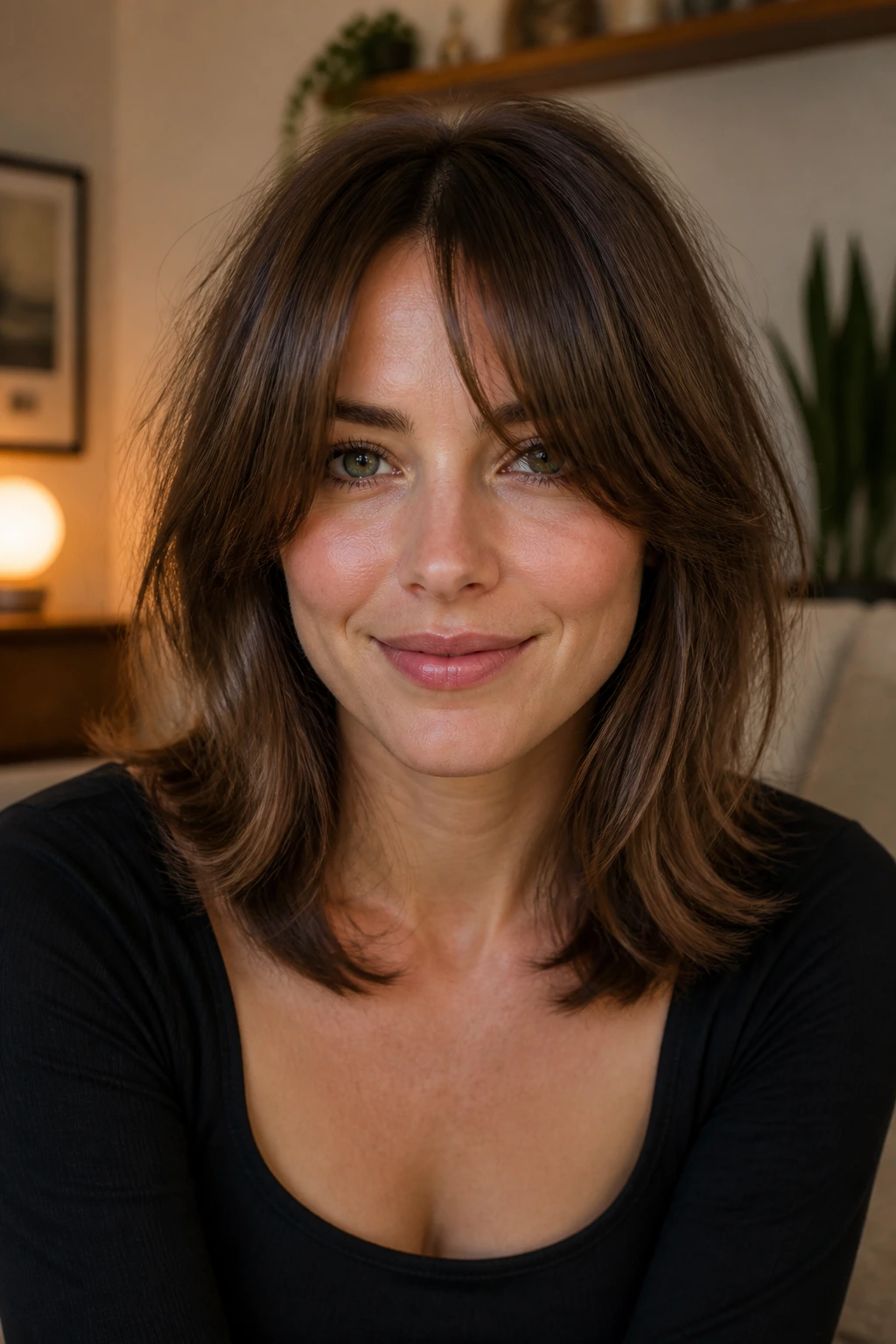Close-up of bottleneck bangs on medium-length hair