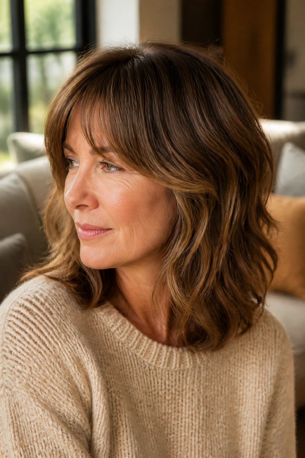 Close-up of a real woman with bottleneck bangs and thick mid-length hair.