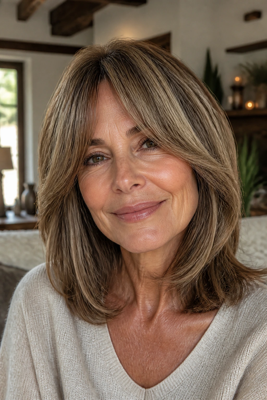 Close-up portrait of a real woman with bottleneck bangs and mid-length layered hair under natural window light