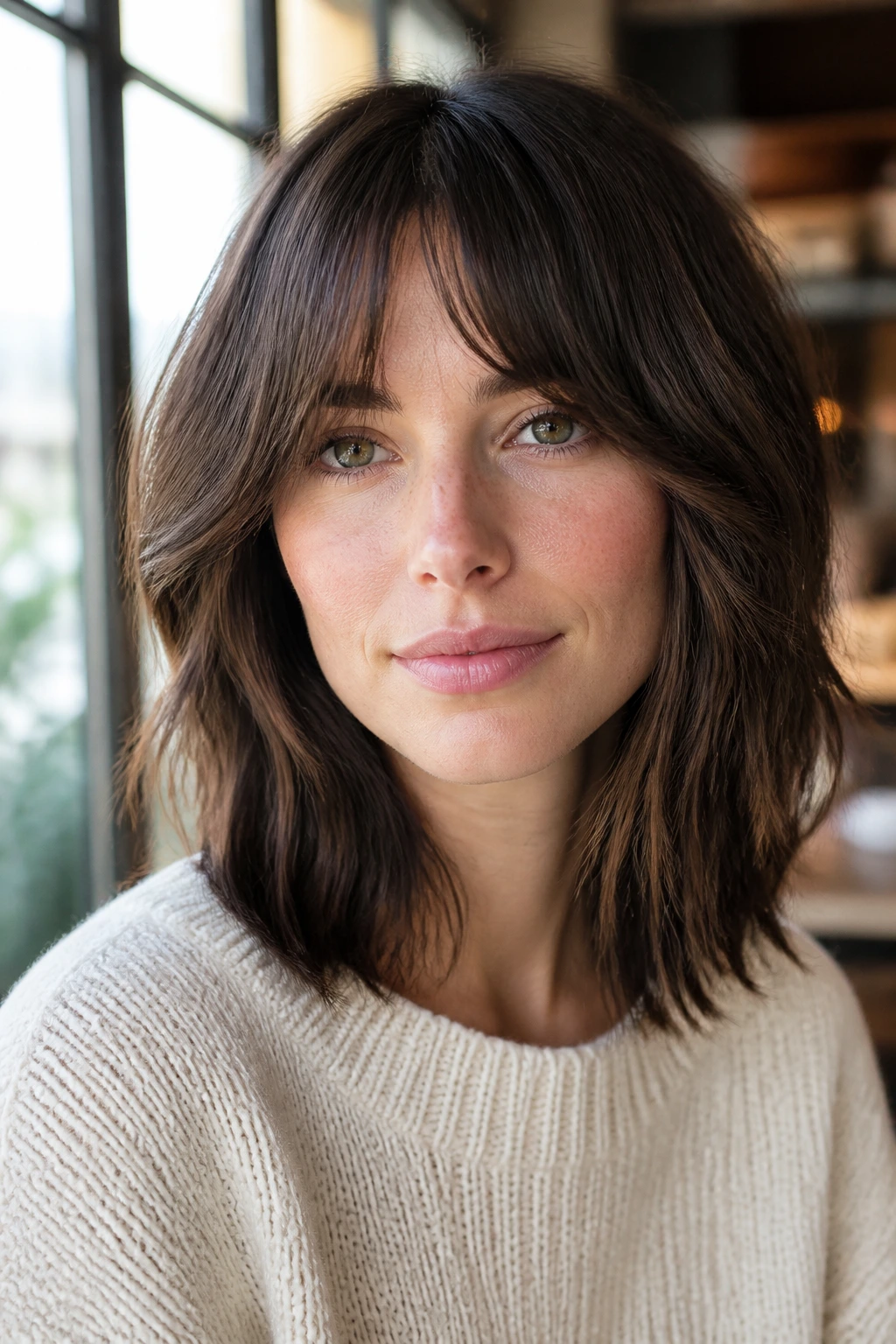 Portrait of a woman with bottleneck bangs and midi-length fringe.