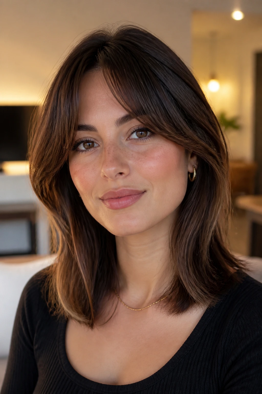 Close-up of a real person with bottleneck bangs and midi-length hair in a cozy living room