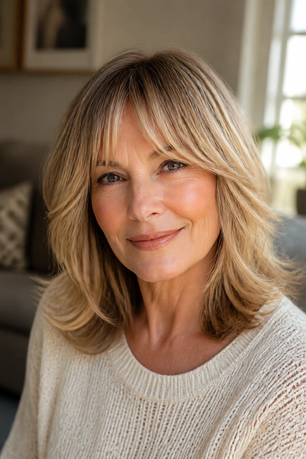Close-up of an older woman with bottleneck bangs and shoulder-length hair in a warm, window-lit living room