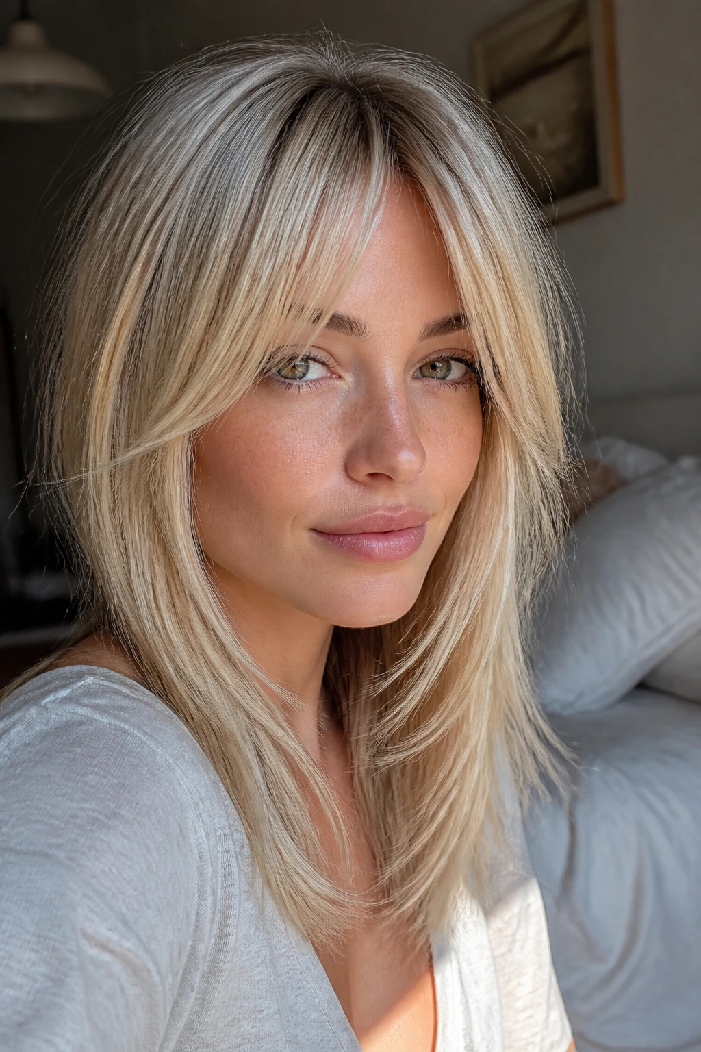 Close-up portrait of a real woman with bottleneck bangs on midlength layers under warm window light