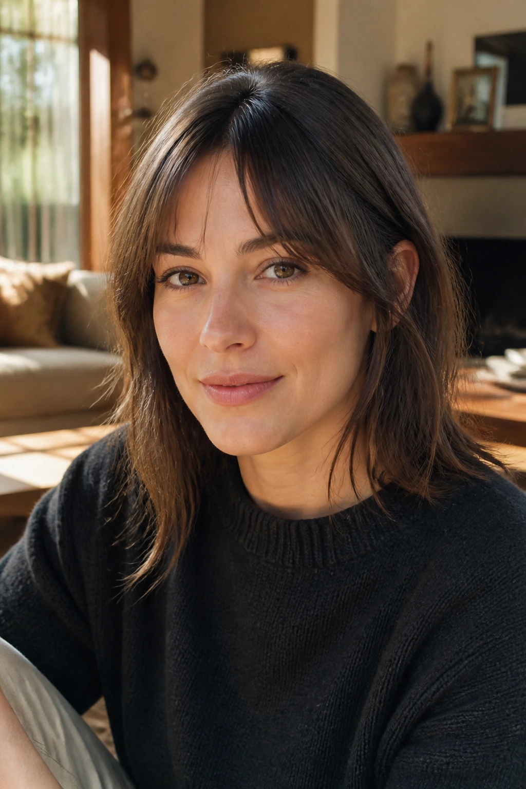 Close-up portrait of a real woman with minimalist bottleneck bangs and barely-there fringe.