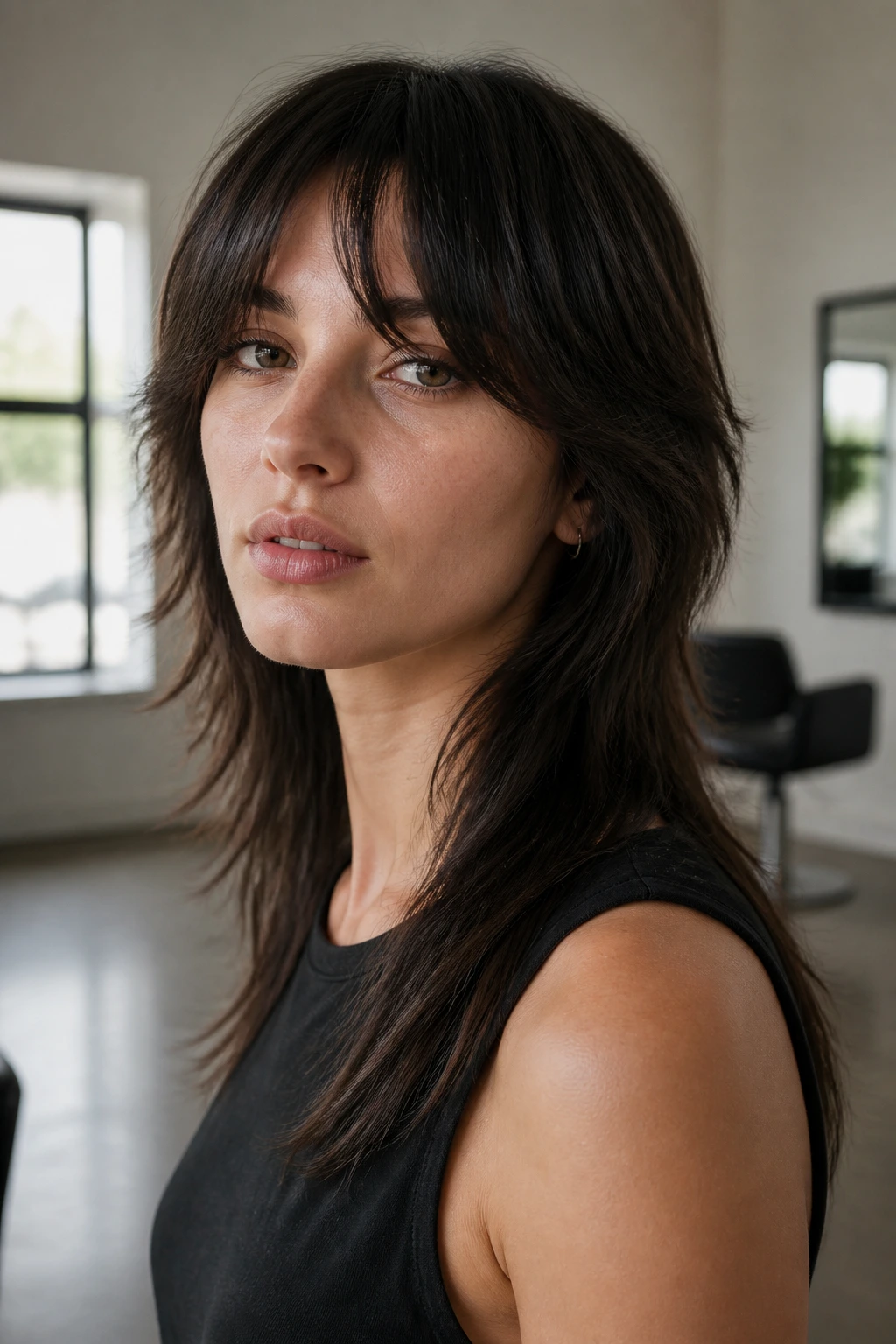 Portrait of real person with bottleneck bang mullet, tight center fringe and longer sides in a salon setting.