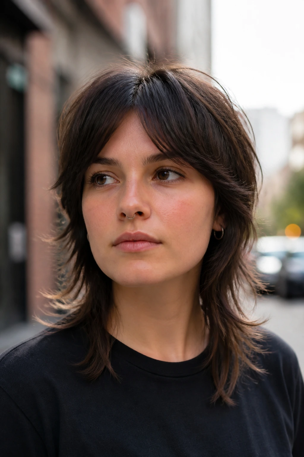 Close-up of bottleneck bangs on real woman with mullet in urban daylight