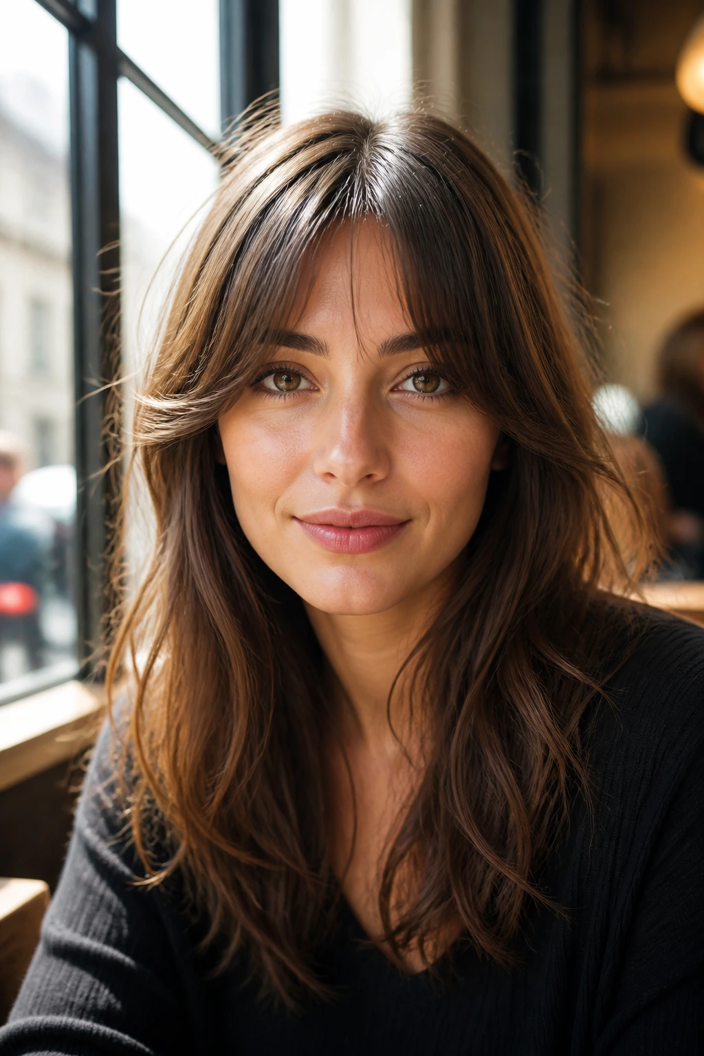 Close-up portrait of a real person with oval face and bottleneck bangs with feathered corners.