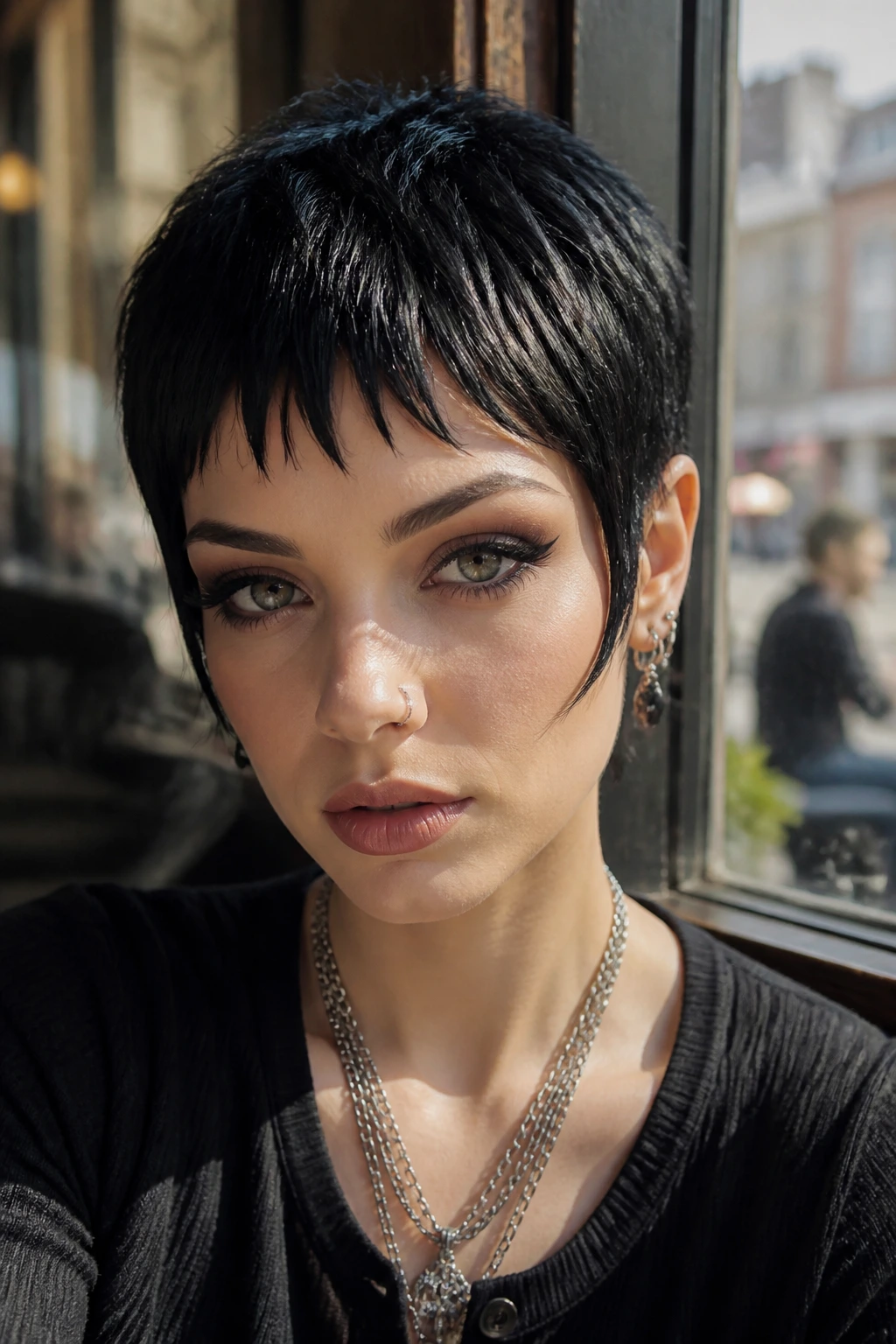 Close-up of bottleneck bangs on a pixie on a real person in a sunlit cafe