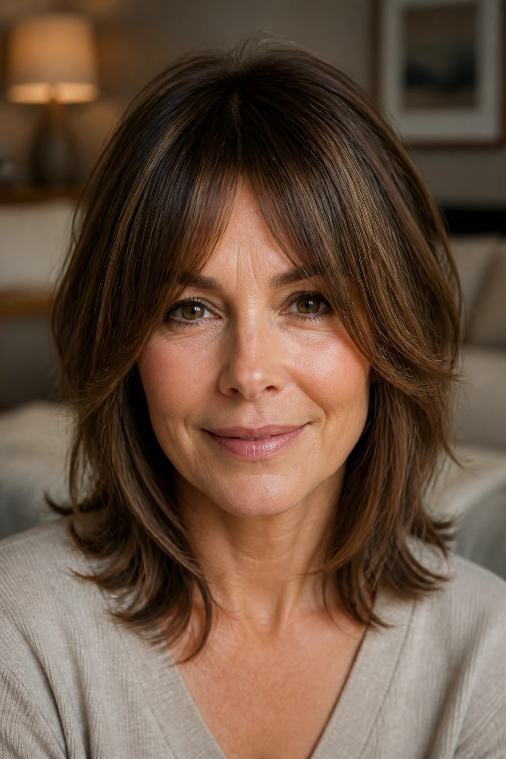 Close-up of a woman with bottleneck bangs narrowing at the center