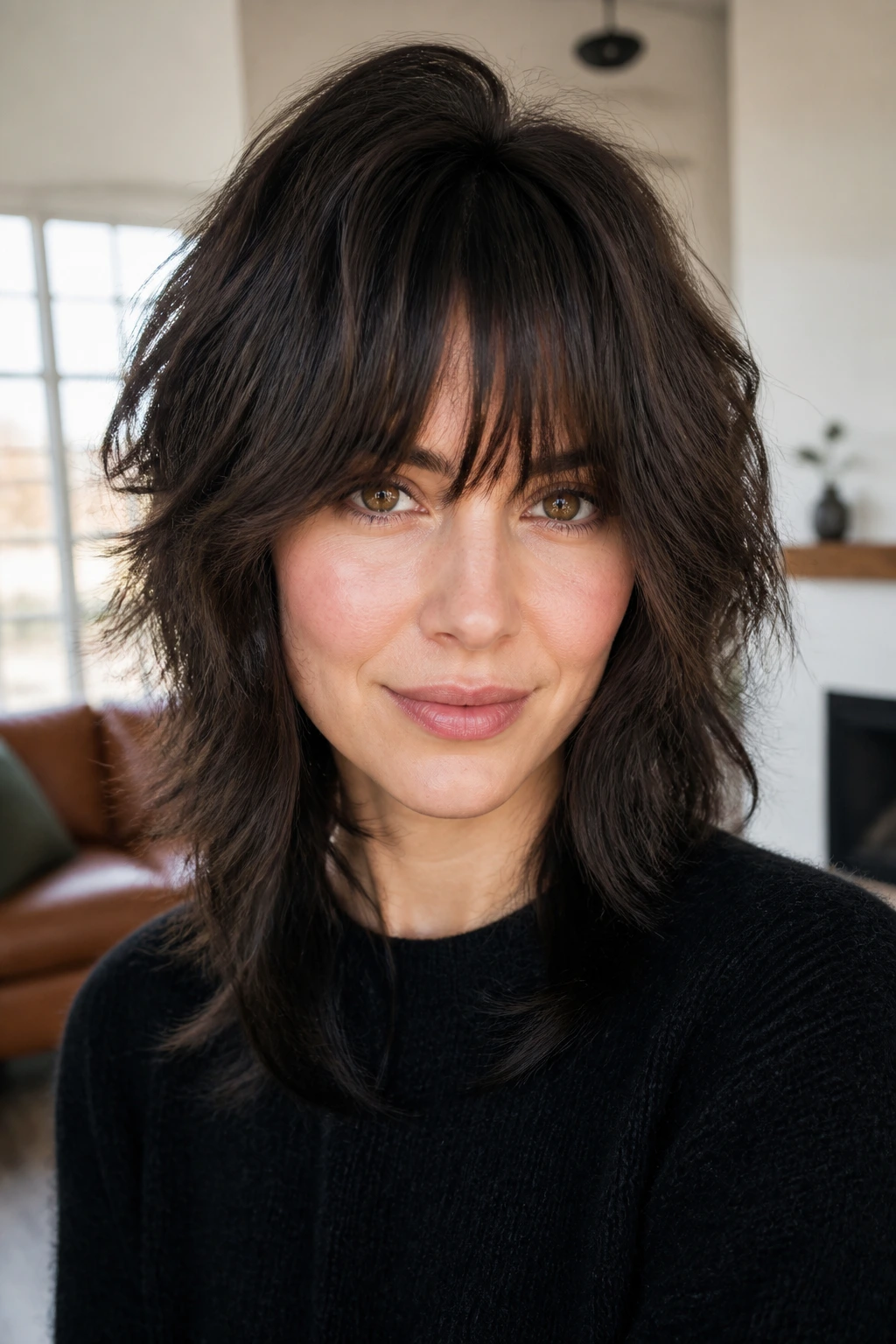 Real person with bottleneck bangs and back stack in natural light