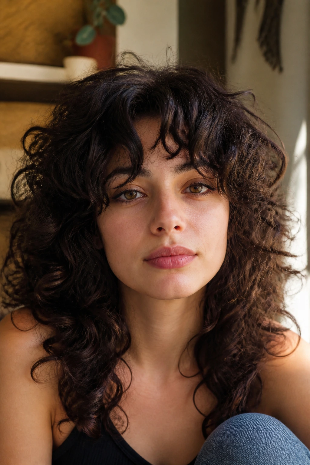 Close-up of a real person with bottleneck bangs shag hairstyle