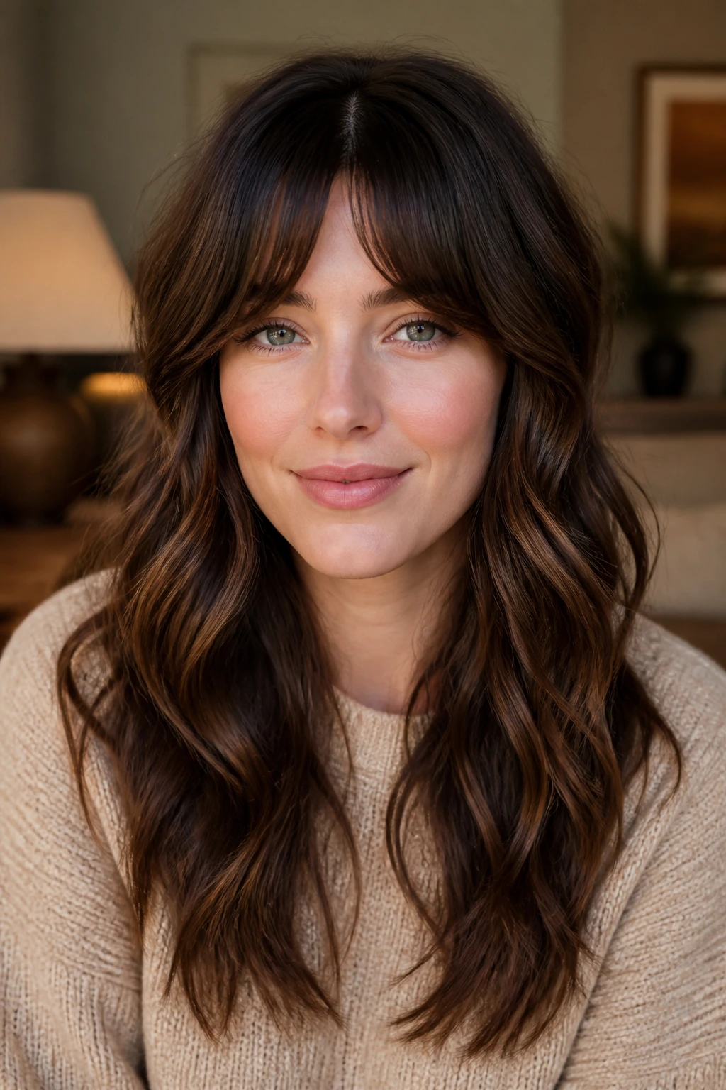 Close-up portrait of a real woman with bottleneck bangs framing her face