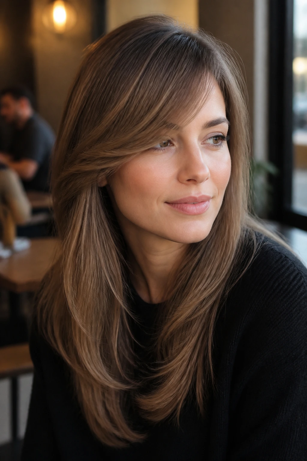 Close-up of a woman with bottleneck side bangs