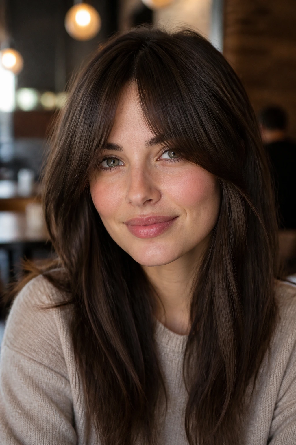 Close-up portrait of bottleneck bangs with a narrow center and wider sides