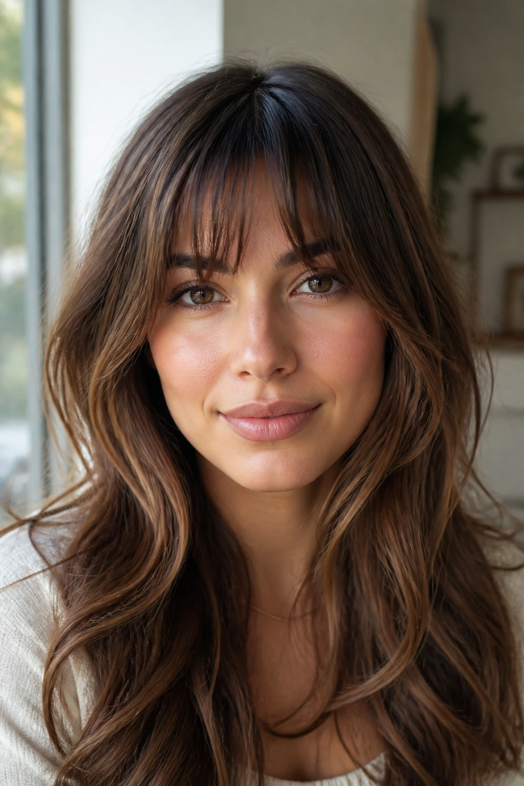 Woman portrait with bottleneck bangs narrowing at the brow